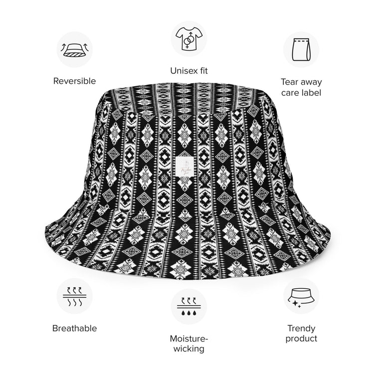 Reversible bucket hat styllish western black white pattern design versatile fashinista streetwear apparel casual everyday unisex fabric hat