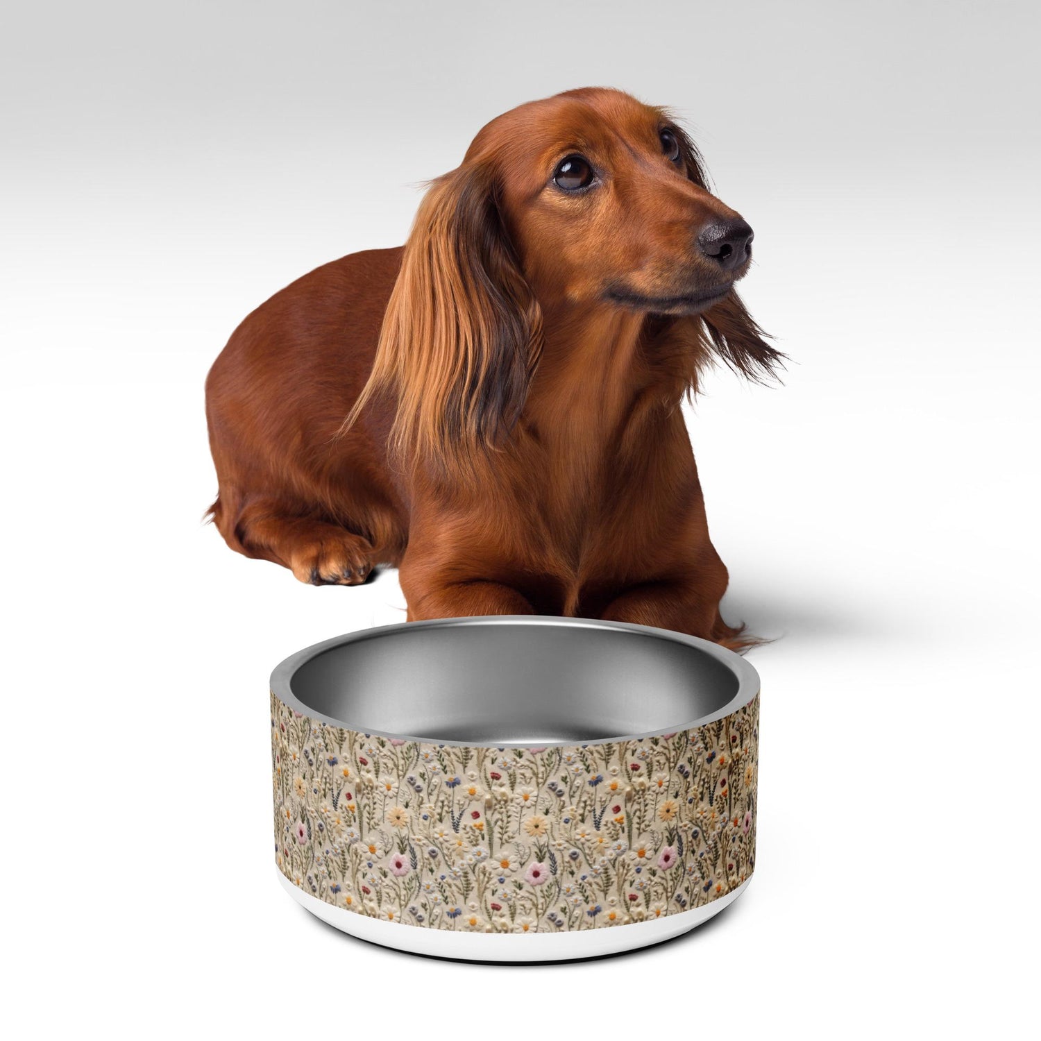 Pet bowl, Floral 3D raised thread pretty design furry best friend fashion style sleek designer looking food bowl