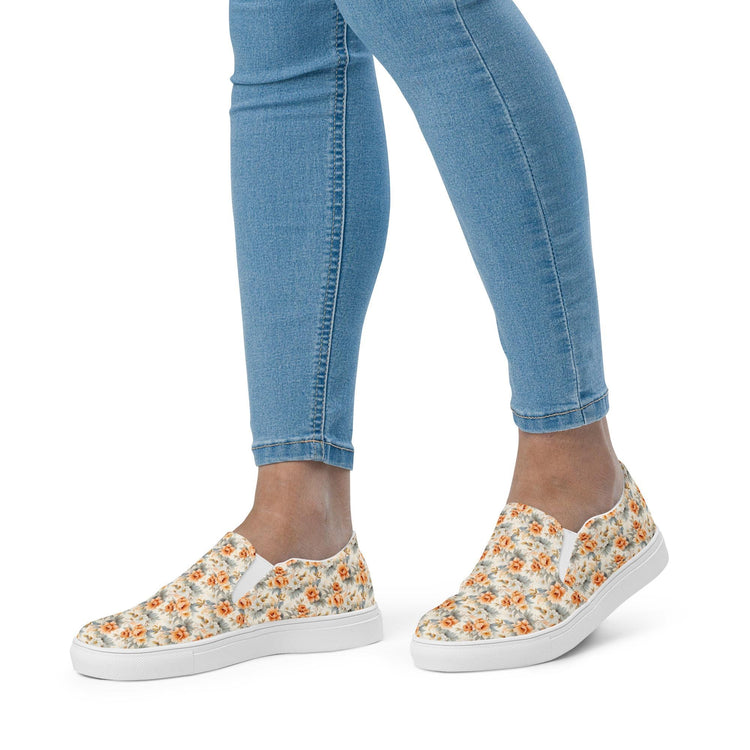Women’s slip-on canvas shoes, Bright floral pretty all over pattern design fabric style fashion school work casual skinny jeans slip on shoe