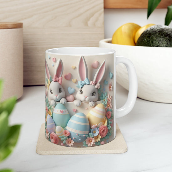 Ceramic Mug, 11oz, 3D Easter bunny pastel color springtime adorable print coffee tea beverage cup