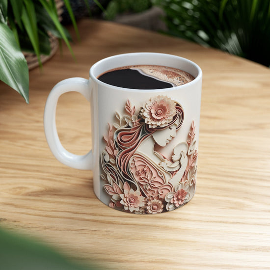 Ceramic Mug, 11oz, Beautiful Mother baby design coffee pastel flower two sided Mom 3D design coffee mug