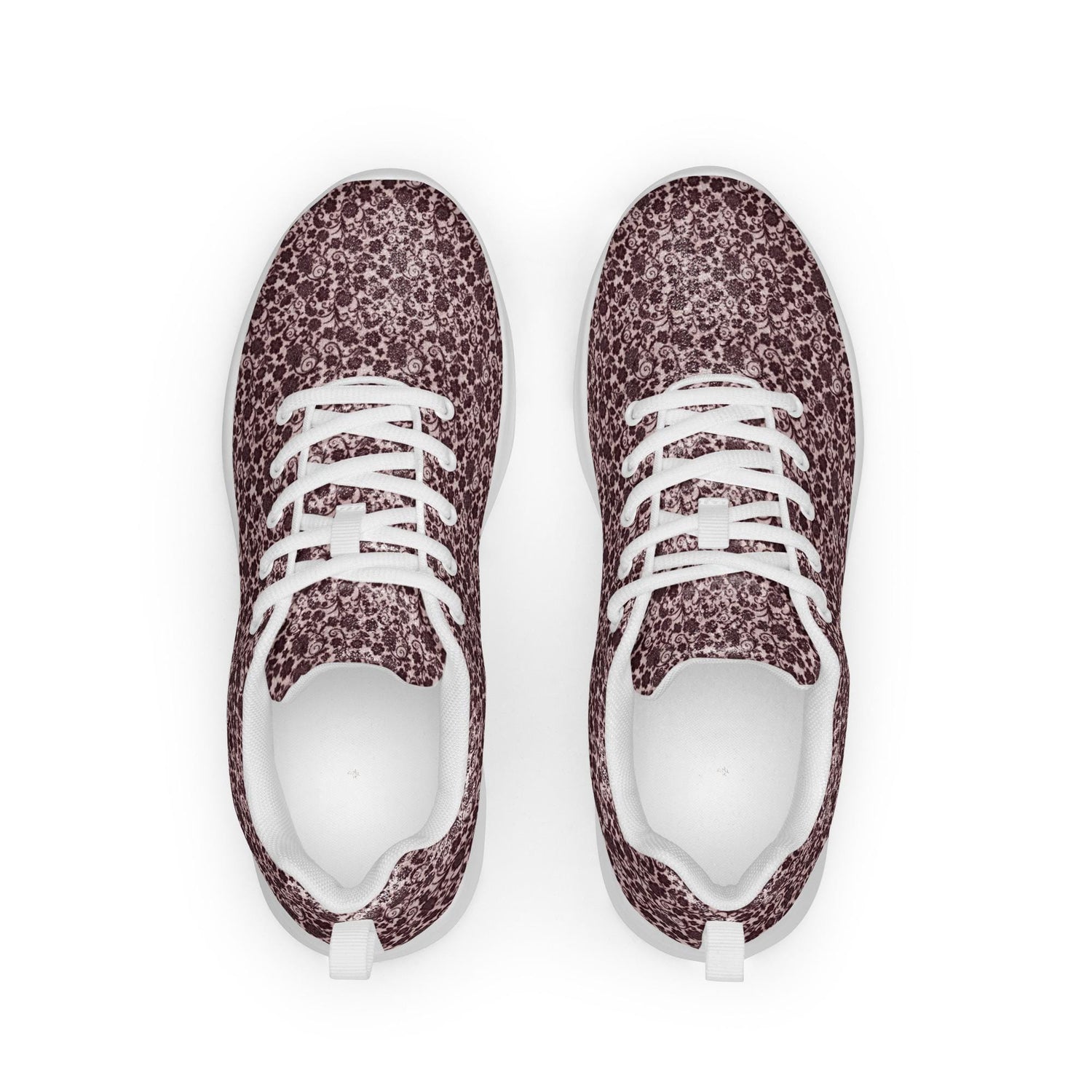 Women’s athletic shoes, Burgandy lace all over print classy sophisticated design casual workout work sporty sneaker jean pairing shoe