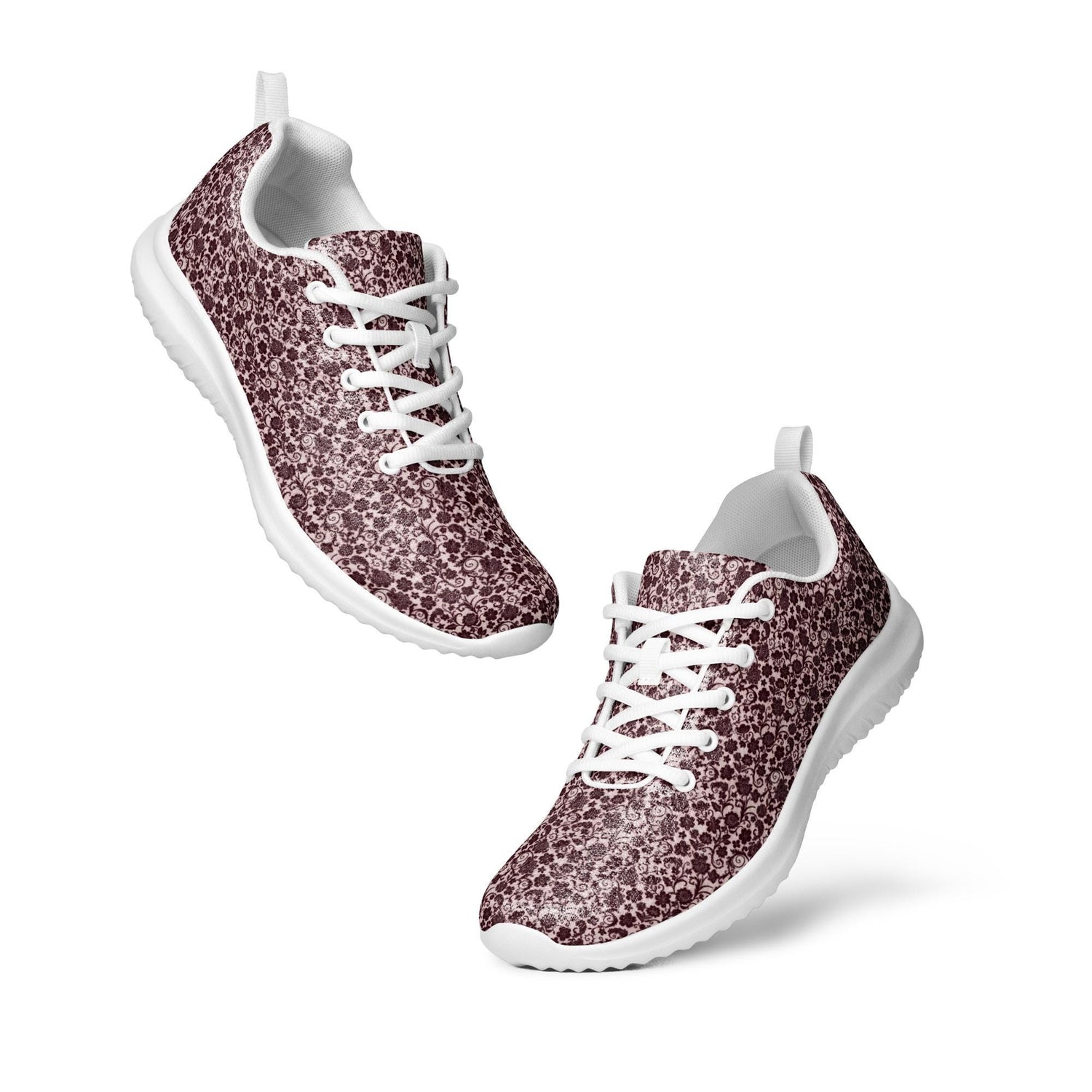 Women’s athletic shoes, Burgandy lace all over print classy sophisticated design casual workout work sporty sneaker jean pairing shoe