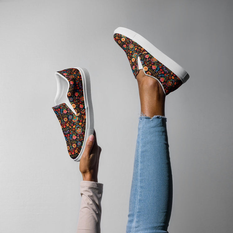 Women’s slip-on bright Mexican traditional floral all over print pattern design casual fashion college student everyday girl canvas shoes