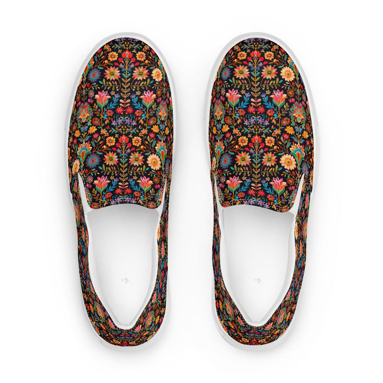 Women’s slip-on bright Mexican traditional floral all over print pattern design casual fashion college student everyday girl canvas shoes