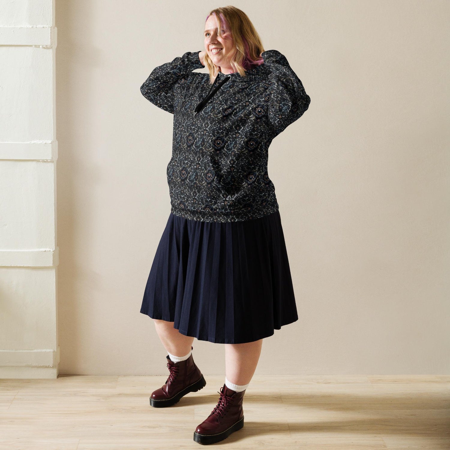 Female black floral lace all over pattern comfy casual soft school work travel jeans winter holiday hoodie sweatshirt great gift