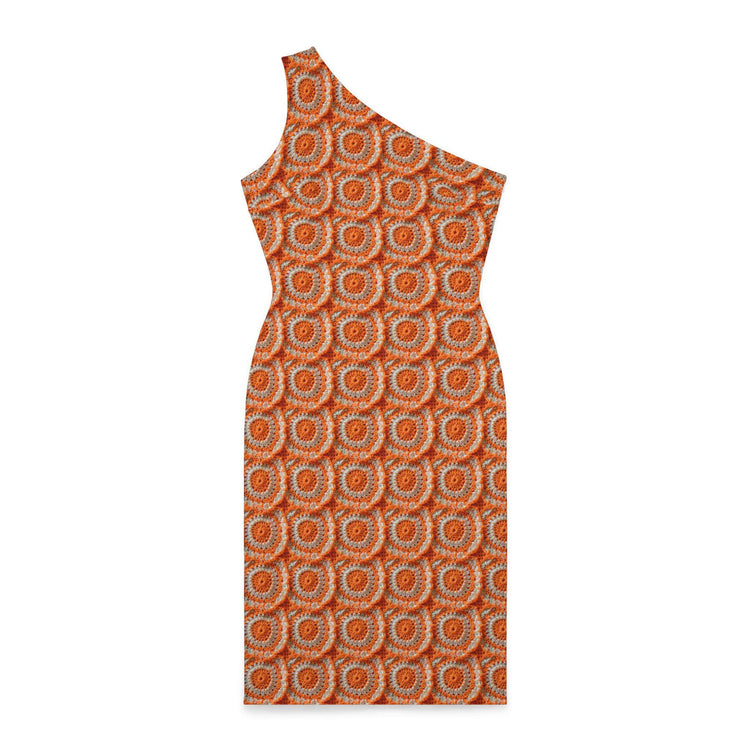 Shoulder Dress (AOP), Orange bright crotchet all over patter design cocktail knee high sexy seemless dinner special event outfit