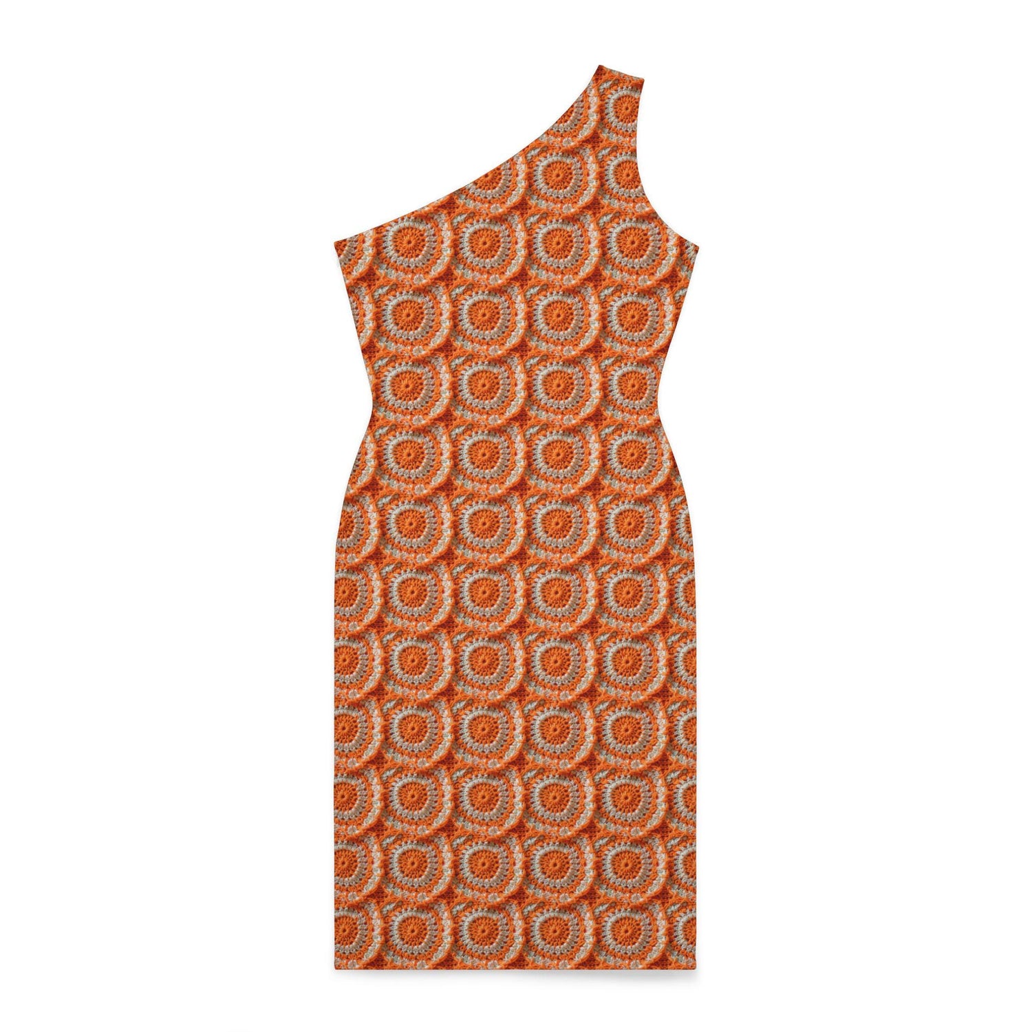 Shoulder Dress (AOP), Orange bright crotchet all over patter design cocktail knee high sexy seemless dinner special event outfit