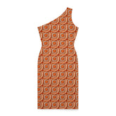 Shoulder Dress (AOP), Orange bright crotchet all over patter design cocktail knee high sexy seemless dinner special event outfit
