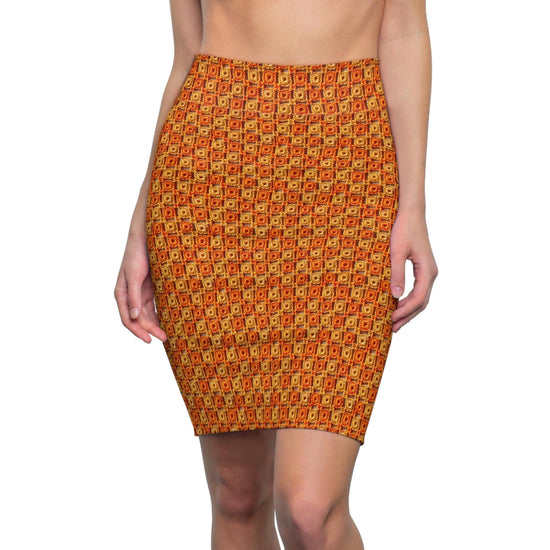 Falda tubo para mujer (AOP), diseño con estampado de crochet naranja por todas partes, elegante, ajustada y ajustada por encima de la rodilla.