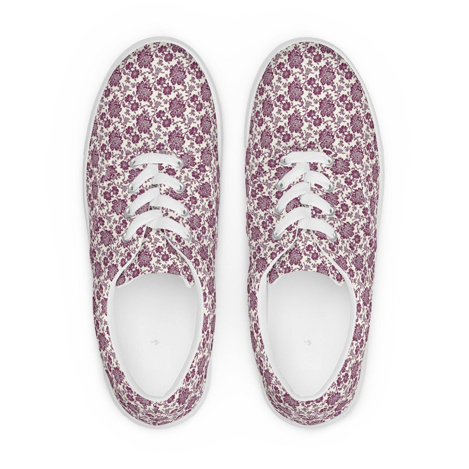 Women’s lace-up canvas shoes, burgandy floral allo over print pattern casual wlking shopping fabric tennis sneaker shoe