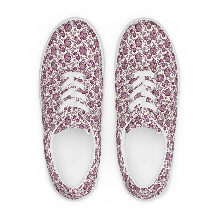 Women’s lace-up canvas shoes, burgandy floral allo over print pattern casual wlking shopping fabric tennis sneaker shoe