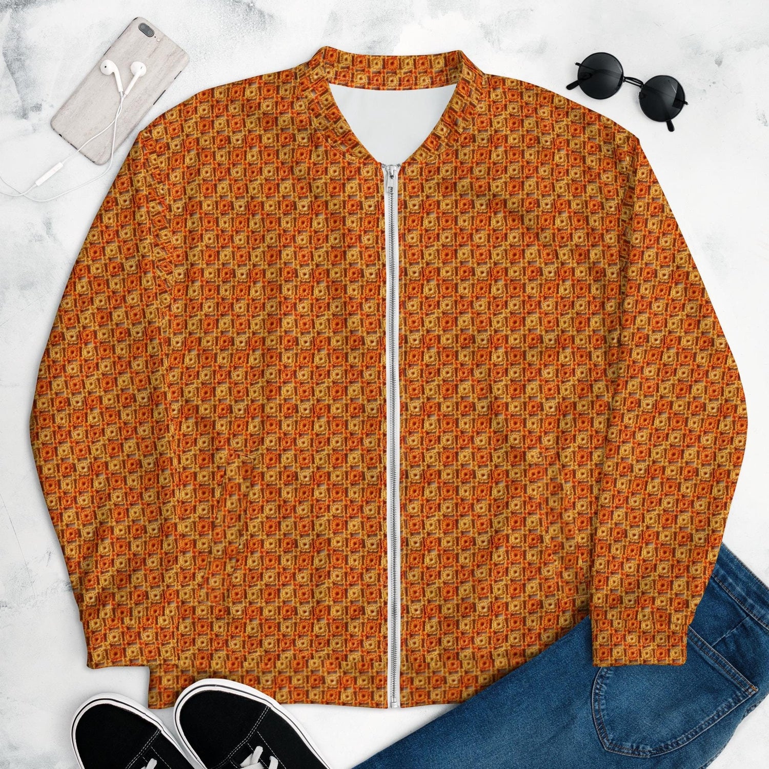 Unisex Bomber Jacket, women men orange crotchet all over print stylish design casual modern day special event every day designer clothing