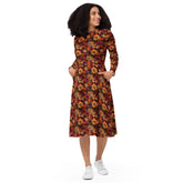 All-over print long sleeve midi dress. Autumn Fall 3D all over print pattern stylish runway high fashion holiday special floral dress