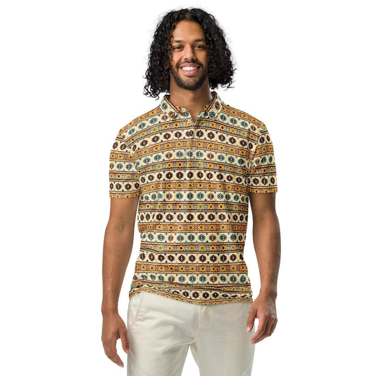 Men’s slim fit aztec western print polo casual classic work business dinner stylish fashion modern male shirt