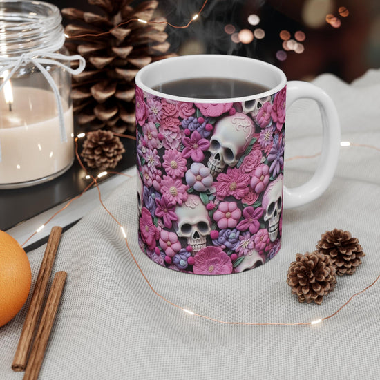 Sugar Skull Mug 11oz - Pink Accent All Purpose Hot Beverage Lover Cup, Halloween Day of the Dead Festive Office Home Decor