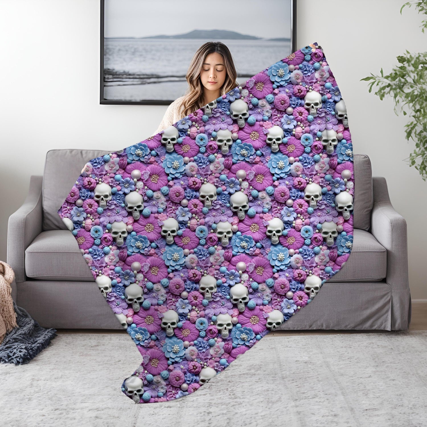 Gothic Plush Blanket, Day of the Dead Sugar Skull Purple Accent Throw, Halloween Home Decor, Velveteen Cozy Blanket