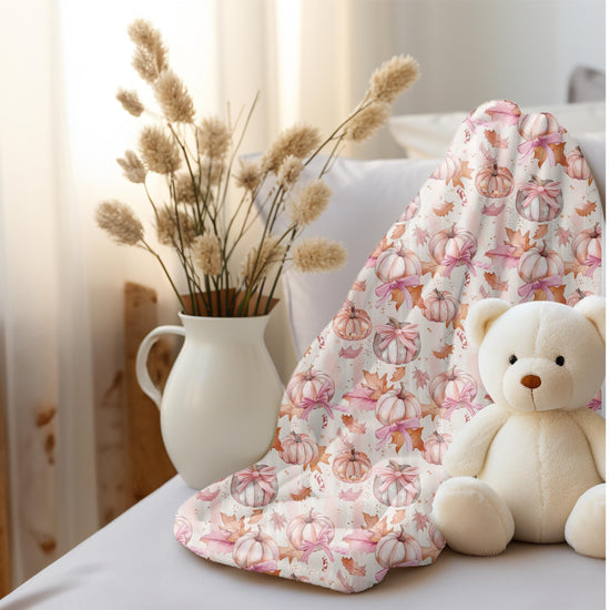 Pink pumpkin fall throw blanket pattern print design couch chair pretty room home holiday decor pastel color silky smooth bedspread blankie