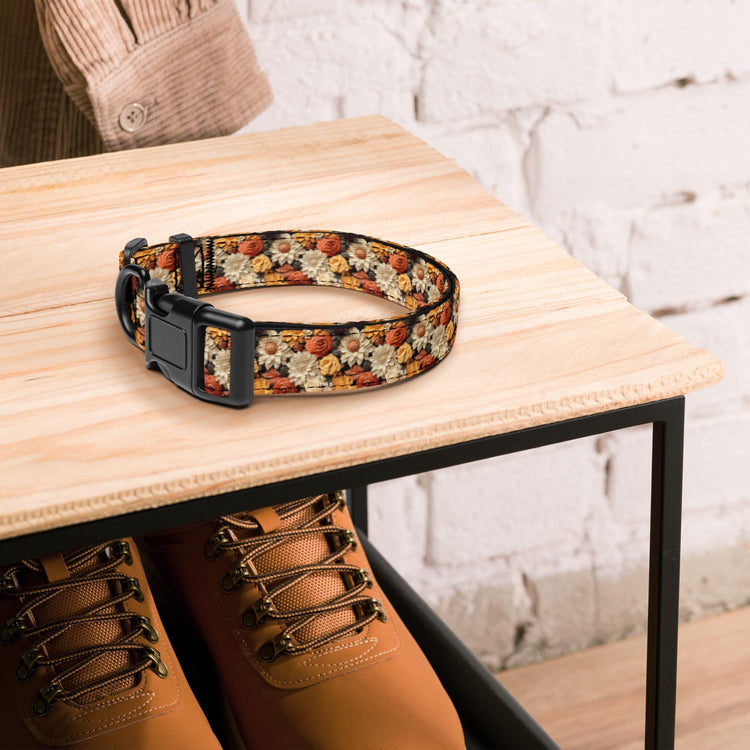Fall colors Pet Collar floral all over print pattern Autumn browns stylish classy walking shopping travel fashionista dog collar