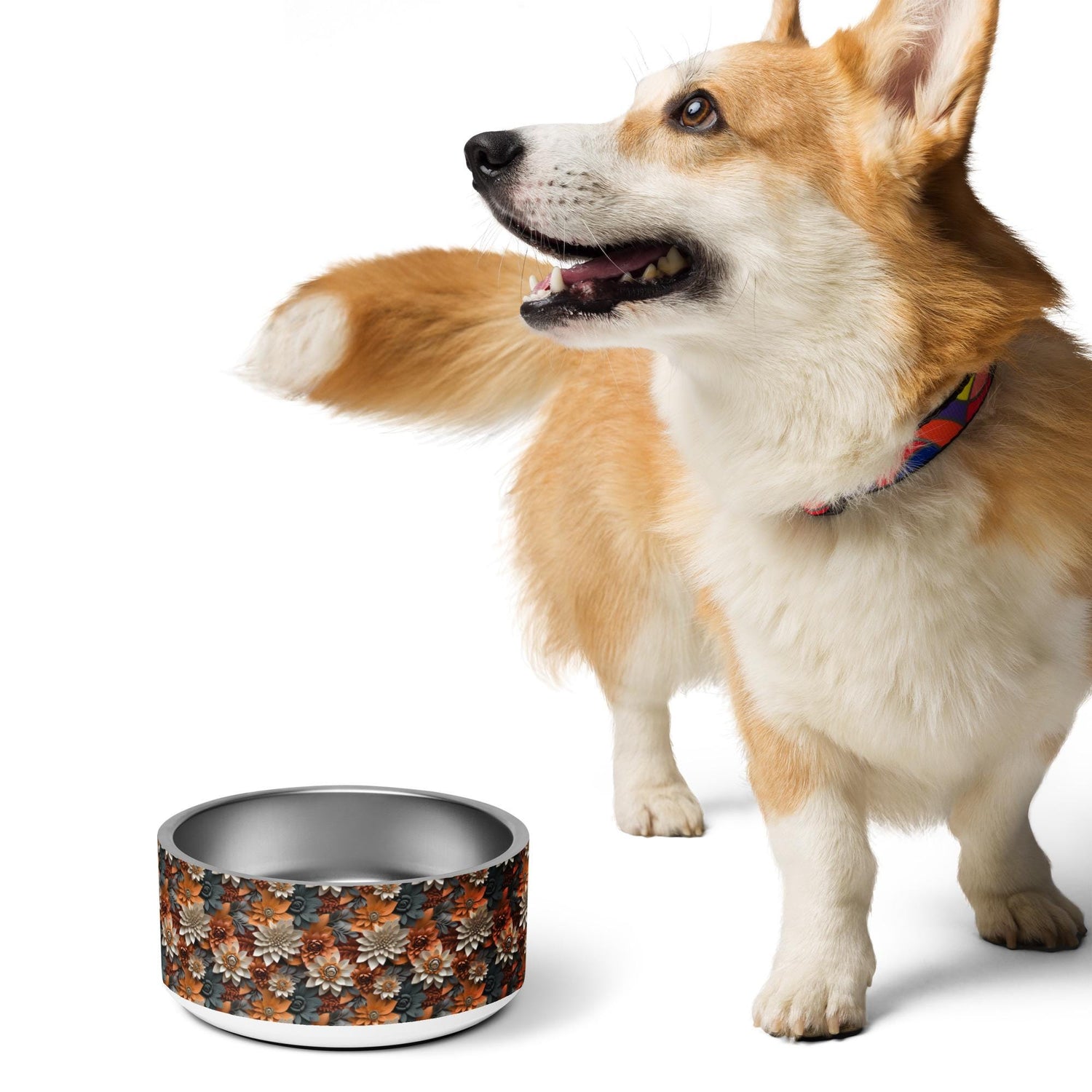 Fall Floral Pet bowl all over print pattern design water kibble wet food stylish decor luxury upscale doggy plate