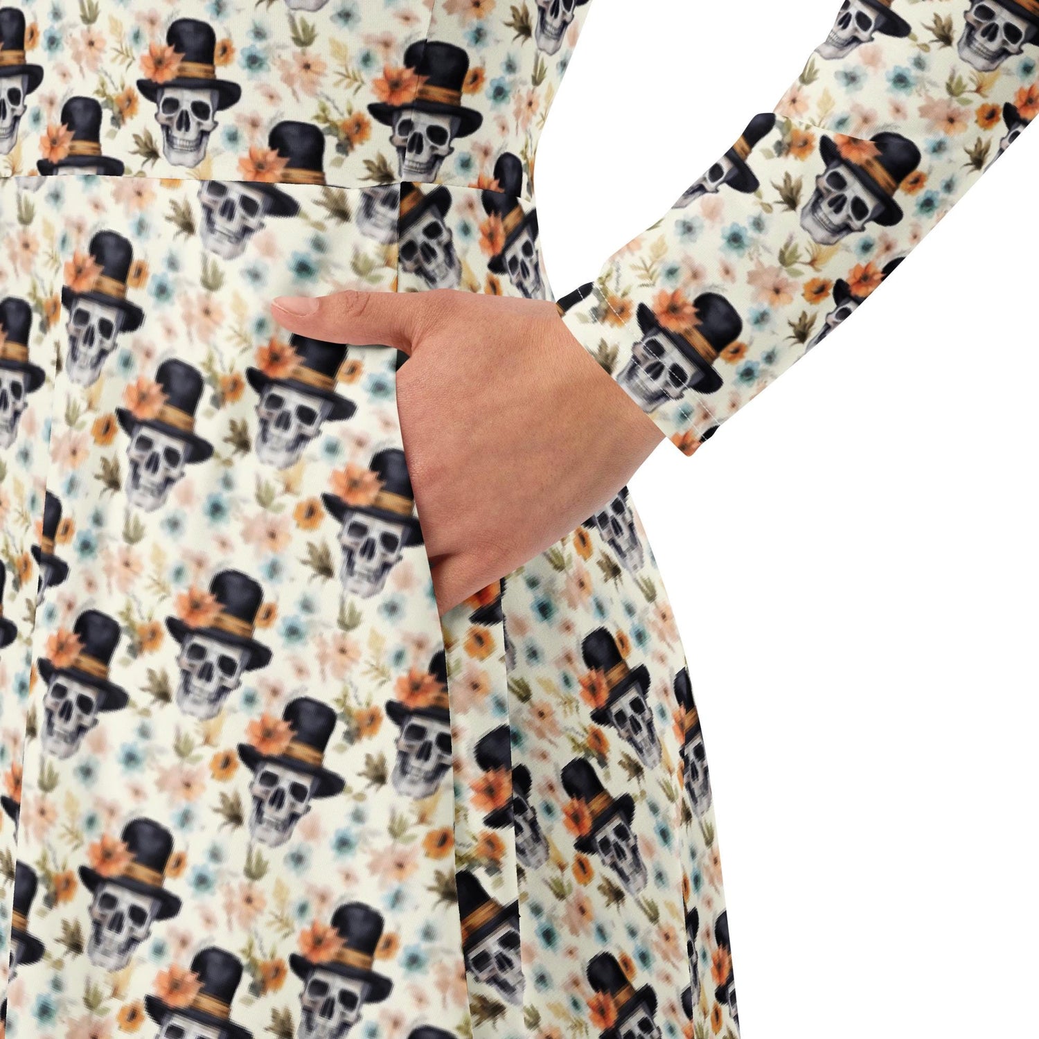 Gothic Floral Skull midi dress all-over print long sleeve casual dinner date comfortable holiday Halloween spirit waist trimming outfit