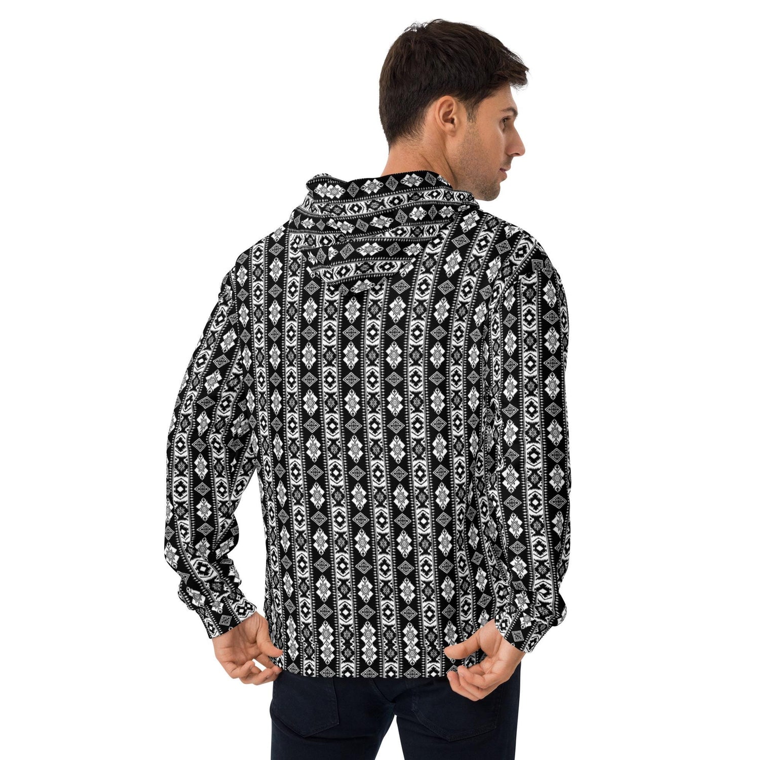 Cozy pattern print  Men Hoodie all over design casual warm stylish runway style everyday relaxed fit fleece feel sweatshirt