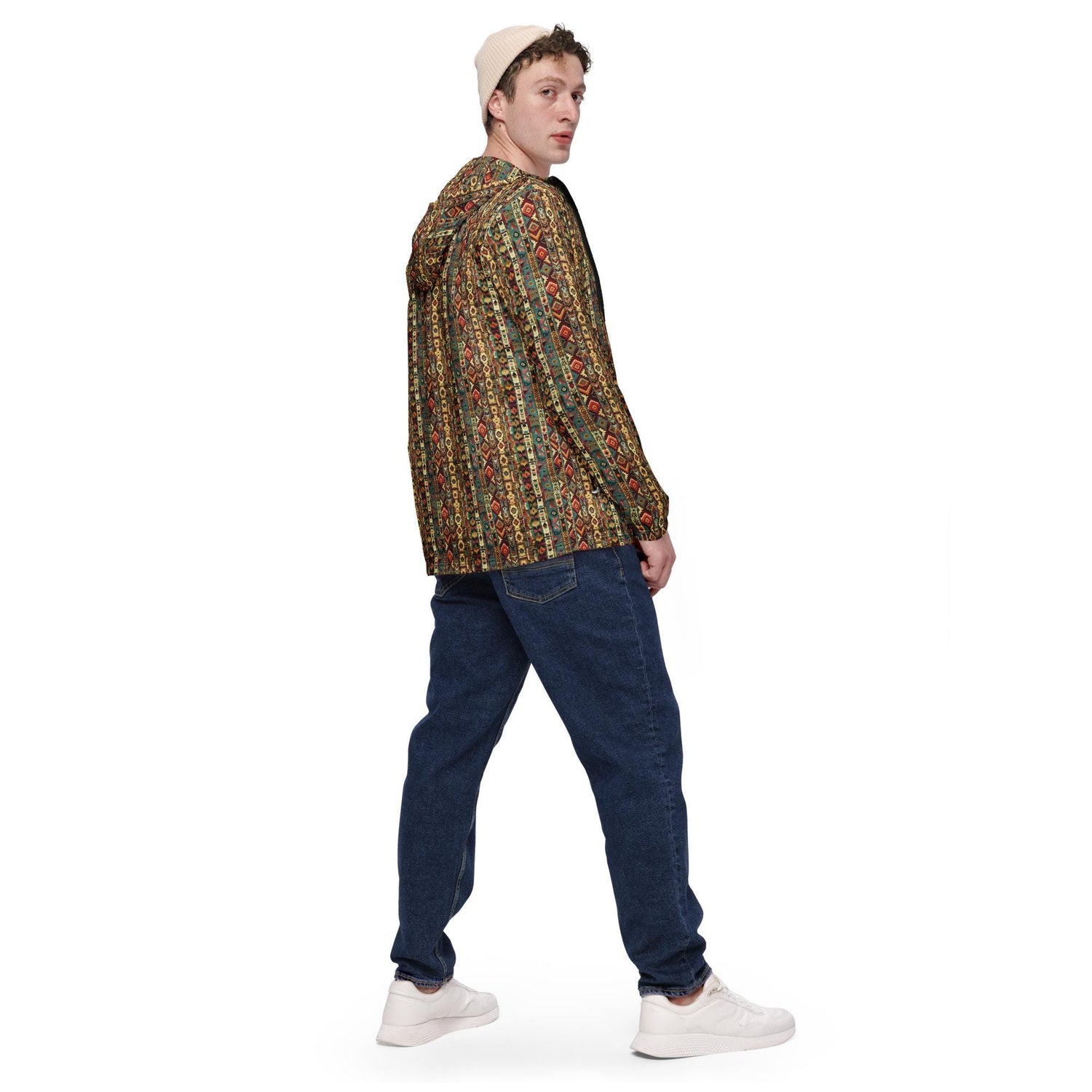 Men’s windbreaker, Radiant native tribal design pattern all weather casual stylish fabric any occassion over long short sleeve shirt jacket