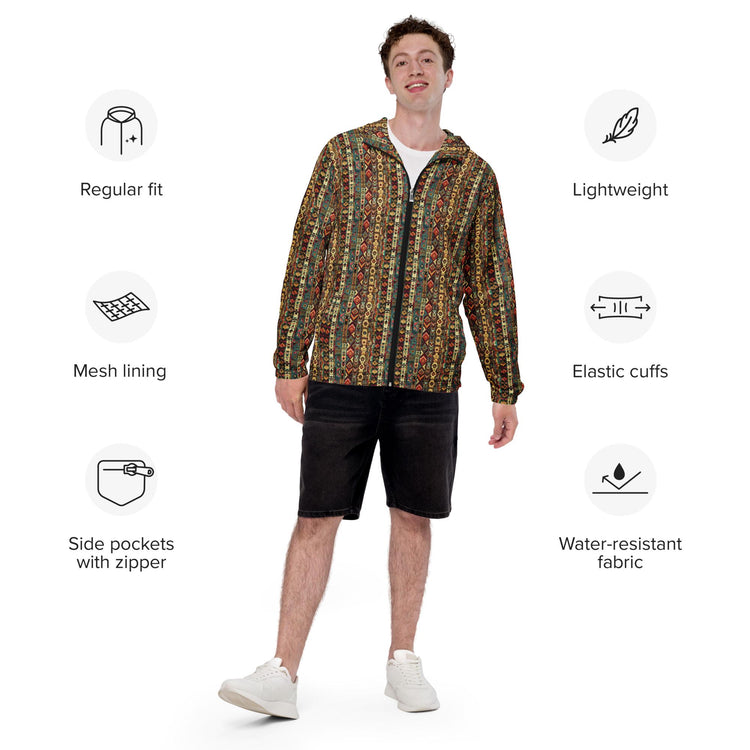 Men’s windbreaker, Radiant native tribal design pattern all weather casual stylish fabric any occassion over long short sleeve shirt jacket