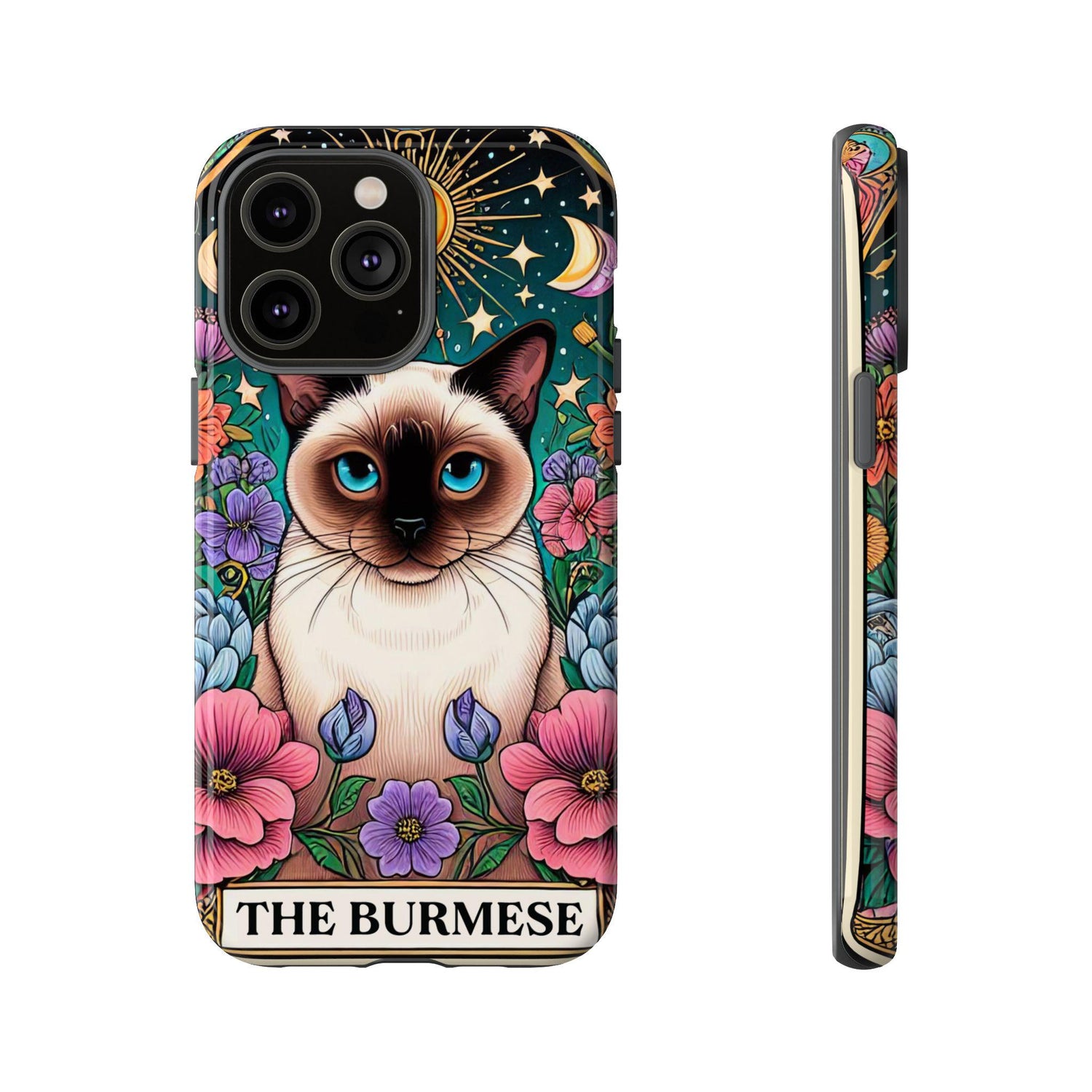 Tough Cases, Iphone 15 cover, Iphone 14 case cover, Burmese Cat, Kitty Tarot Cards, Colorful floral animal designs, conventional gift