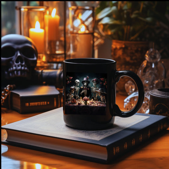 11oz  Dia de Los Muertos Black Mug 11oz  Day Of the Dead Halloween festive skeleton family dinner party portrait traditional Mexican art