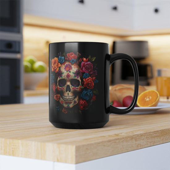 15 oz Black Day of the Dead Mug | Festive Traditional Art Print | Holiday Coffee Cup for Celebrations | Unique Beverage Drinkware