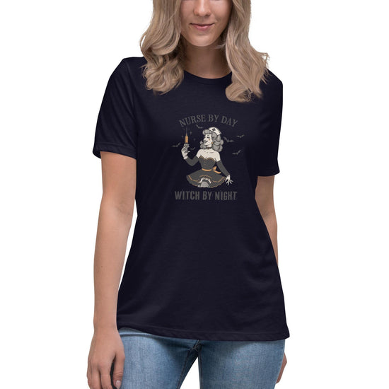 Camiseta relajada para mujer, diseño divertido y novedoso con estampado de enfermera humorística para Halloween y otoño, ideal para el trabajo diario.