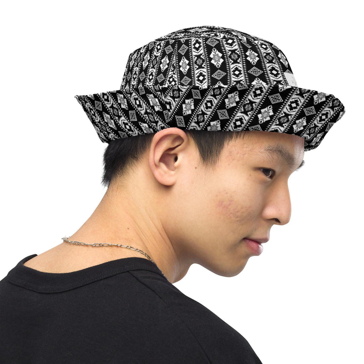 Reversible bucket hat styllish western black white pattern design versatile fashinista streetwear apparel casual everyday unisex fabric hat