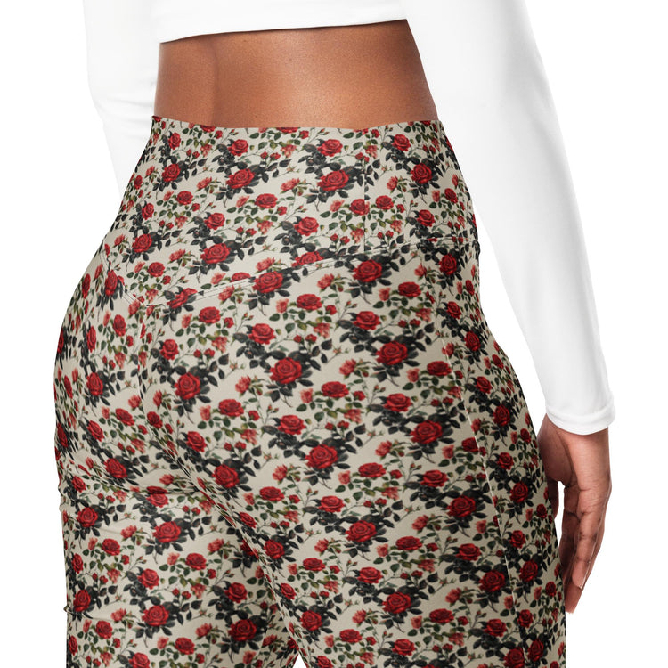 Flared red roses stylish leggings casual high waist butt enhancing flared bottoms versatile walking workout crop pairing strecth pants
