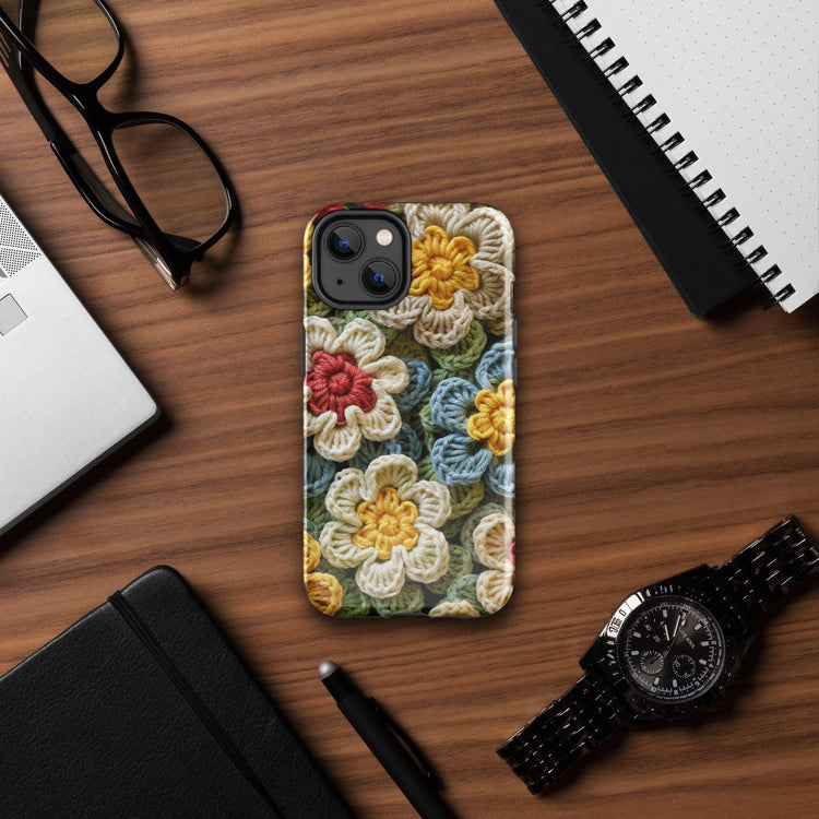 Tough Case for iPhone®, crotchet floral stylish fabric statement look design strong iphone 14 iphone 15 hard phone cover