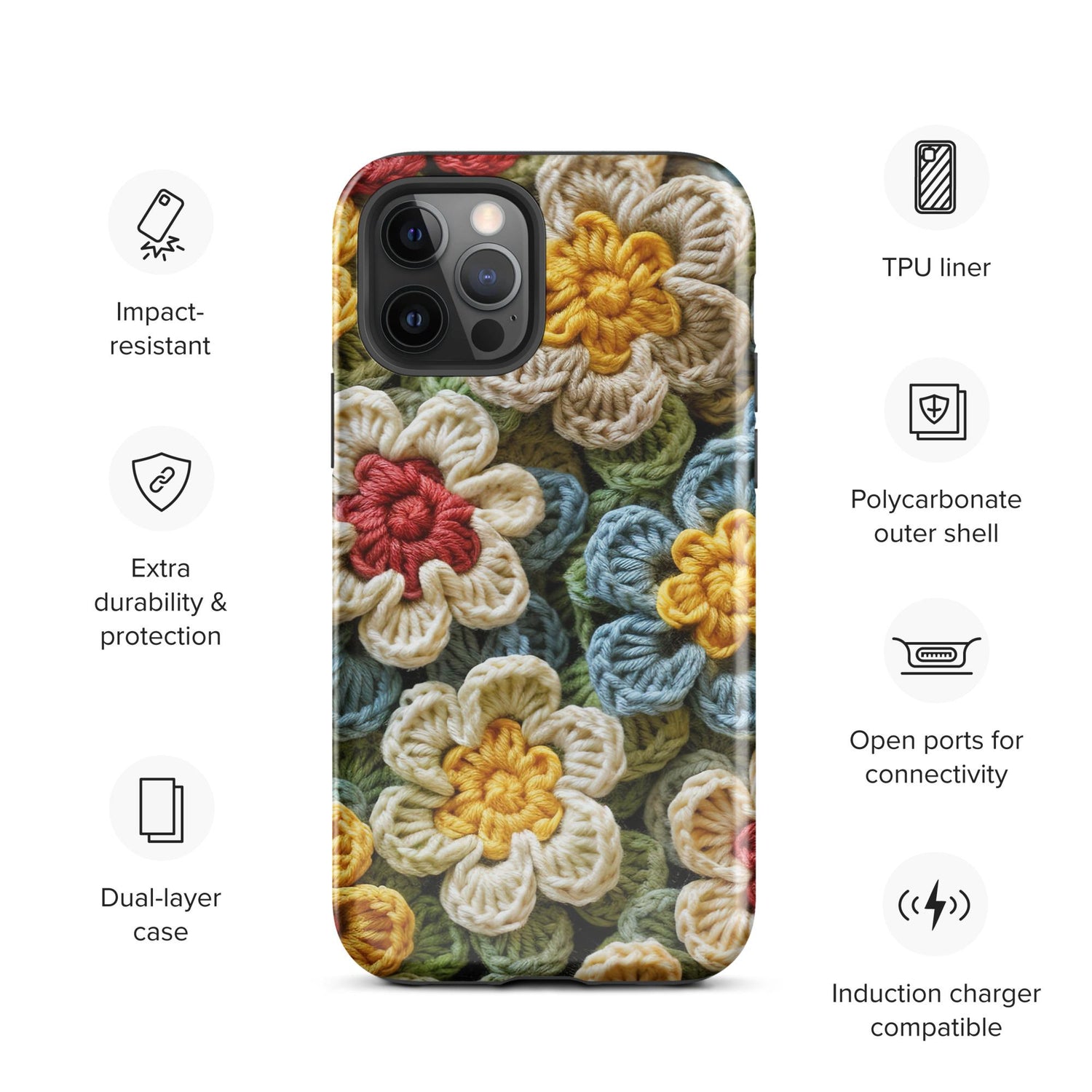 Tough Case for iPhone®, crotchet floral stylish fabric statement look design strong iphone 14 iphone 15 hard phone cover