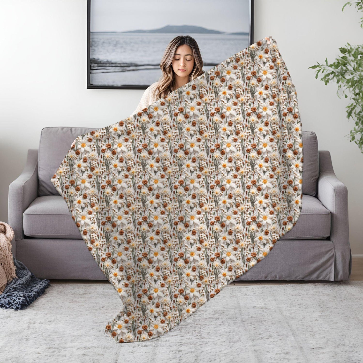 Chic Floral Crochet Throw Blanket - Stylish Fall All-Over 3D crotchet Print for Cozy Living Spaces