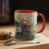 Day of the Dead Skeleton Floral Accent Coffee Mug, Halloween Ceramic Cup, Gothic Sugar Skull Drinkware, Dia de los Muertos Kitchen Decor