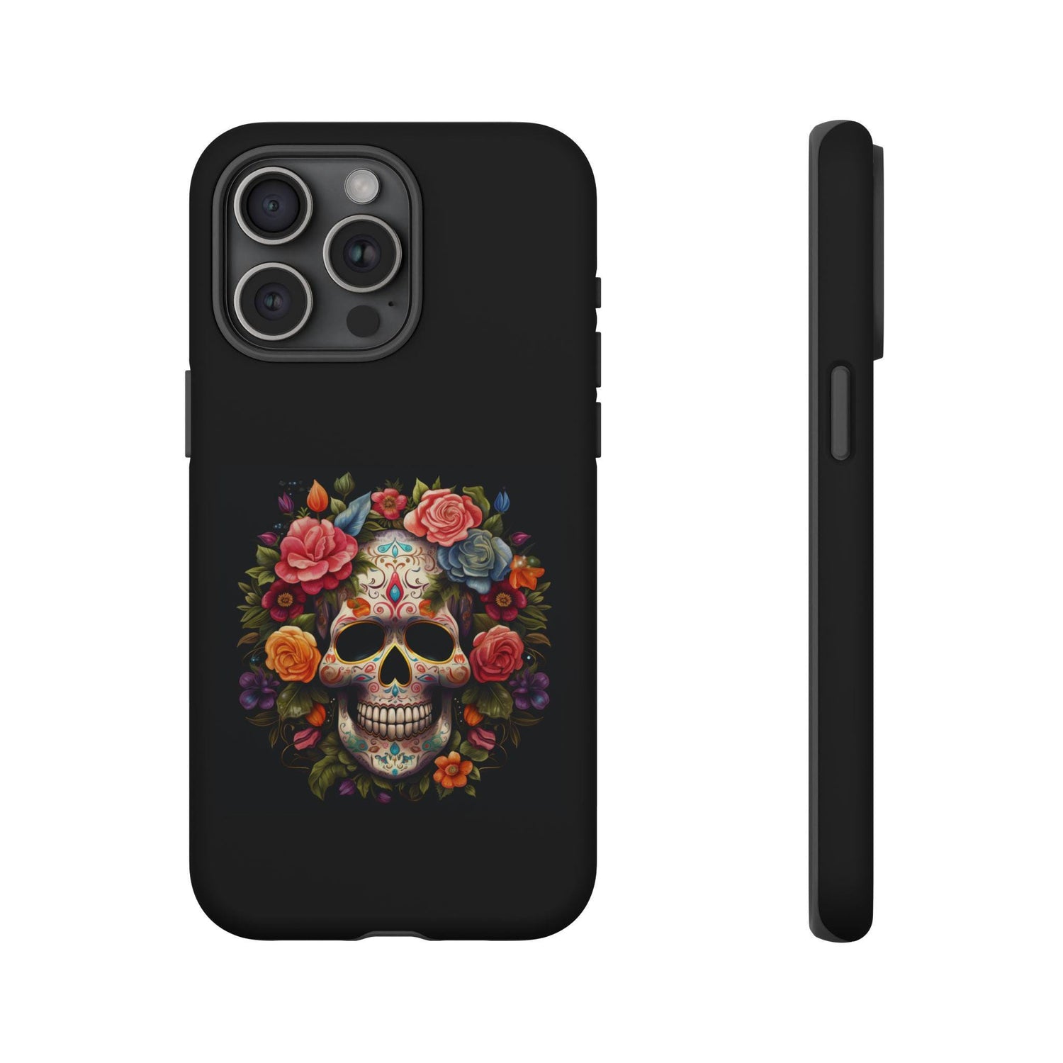 Vibrant Floral Day of the Dead iPhone & Samsung Case | Colorful Dia de los Muertos Design | Classic Black Background