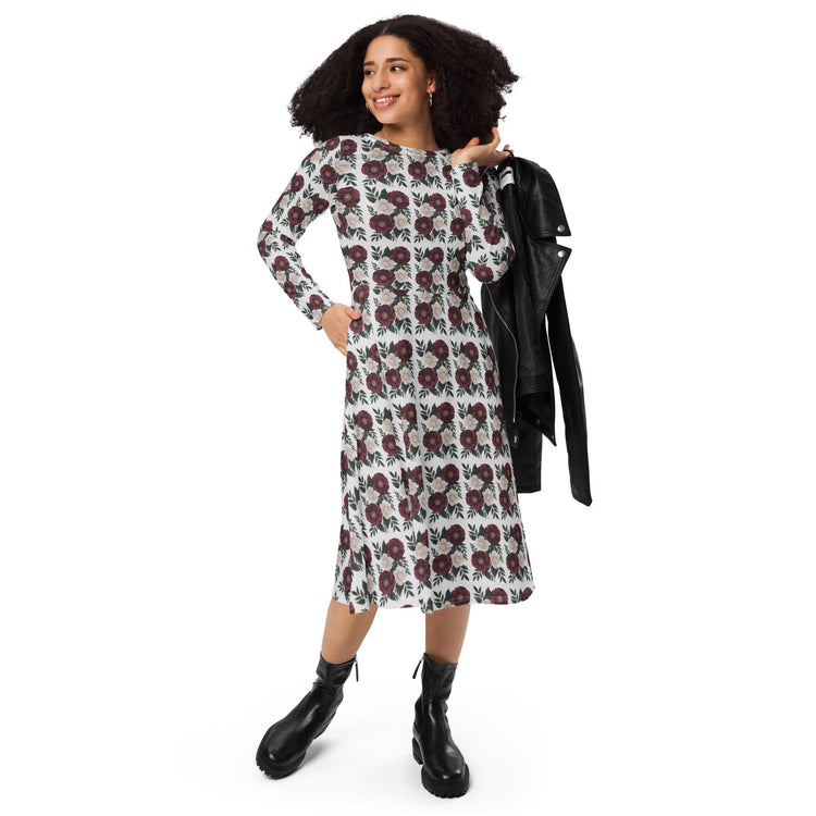 Floral All-Over Print Long Sleeve Midi Dress with Pockets – Feminine Fit & Flared Style