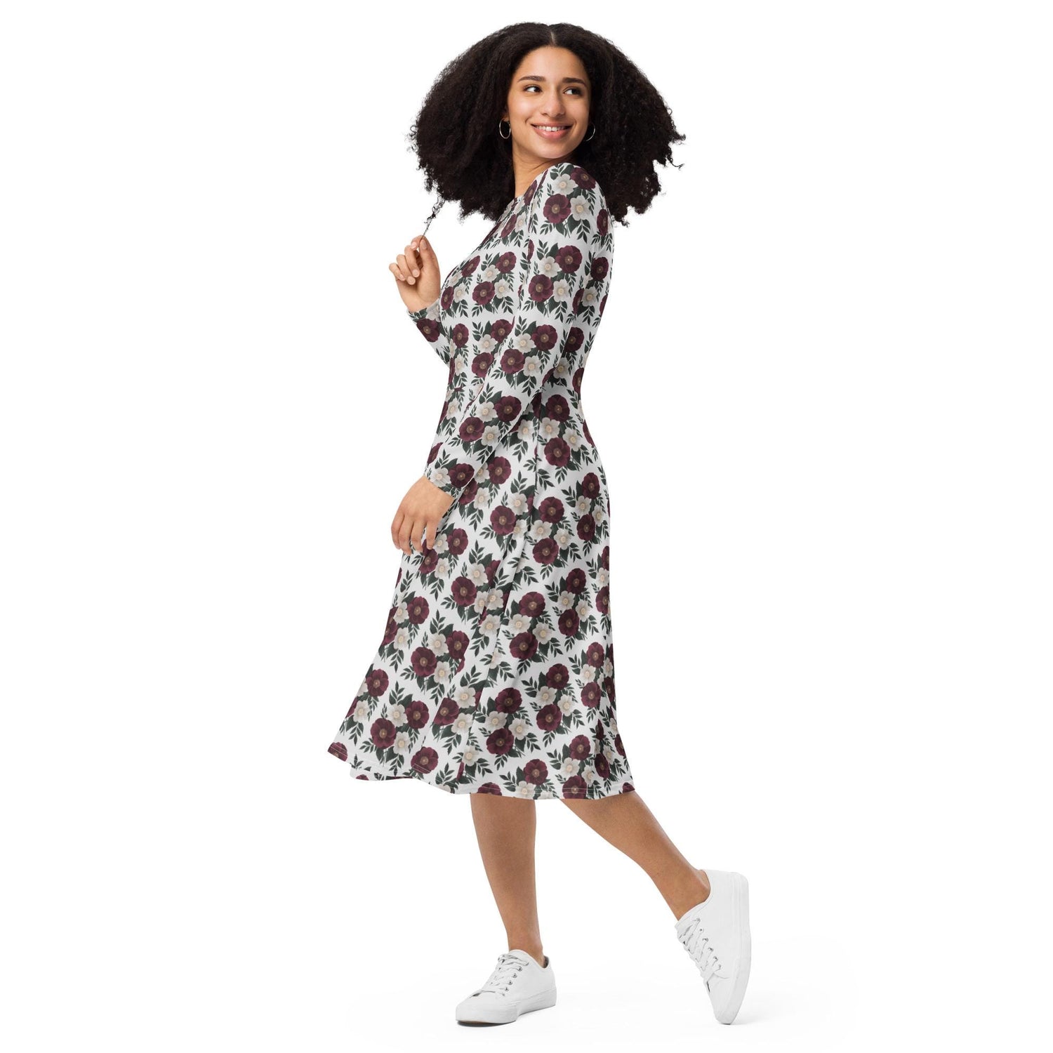 Floral All-Over Print Long Sleeve Midi Dress with Pockets – Feminine Fit & Flared Style
