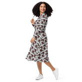 Floral All-Over Print Long Sleeve Midi Dress with Pockets – Feminine Fit & Flared Style
