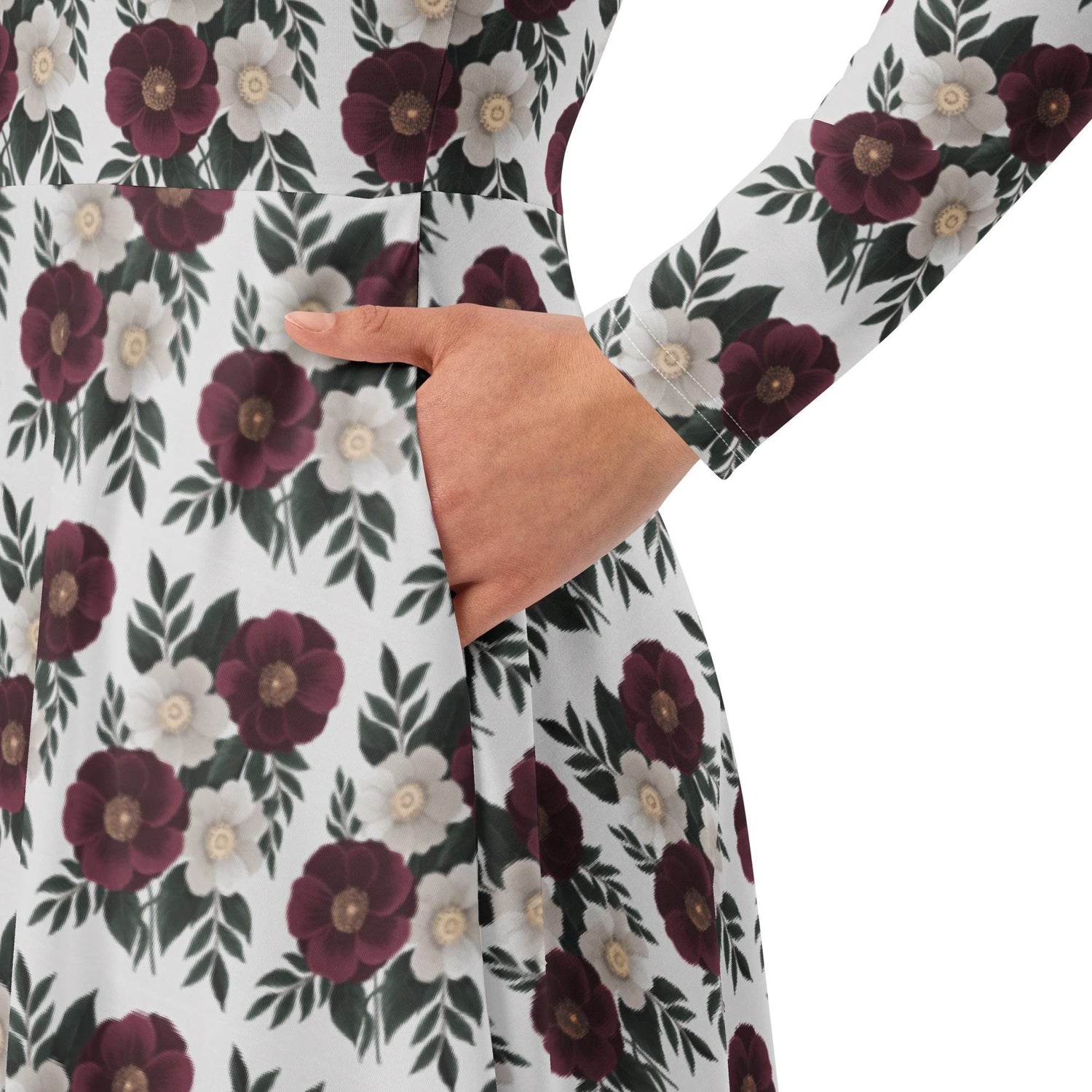Floral All-Over Print Long Sleeve Midi Dress with Pockets – Feminine Fit & Flared Style