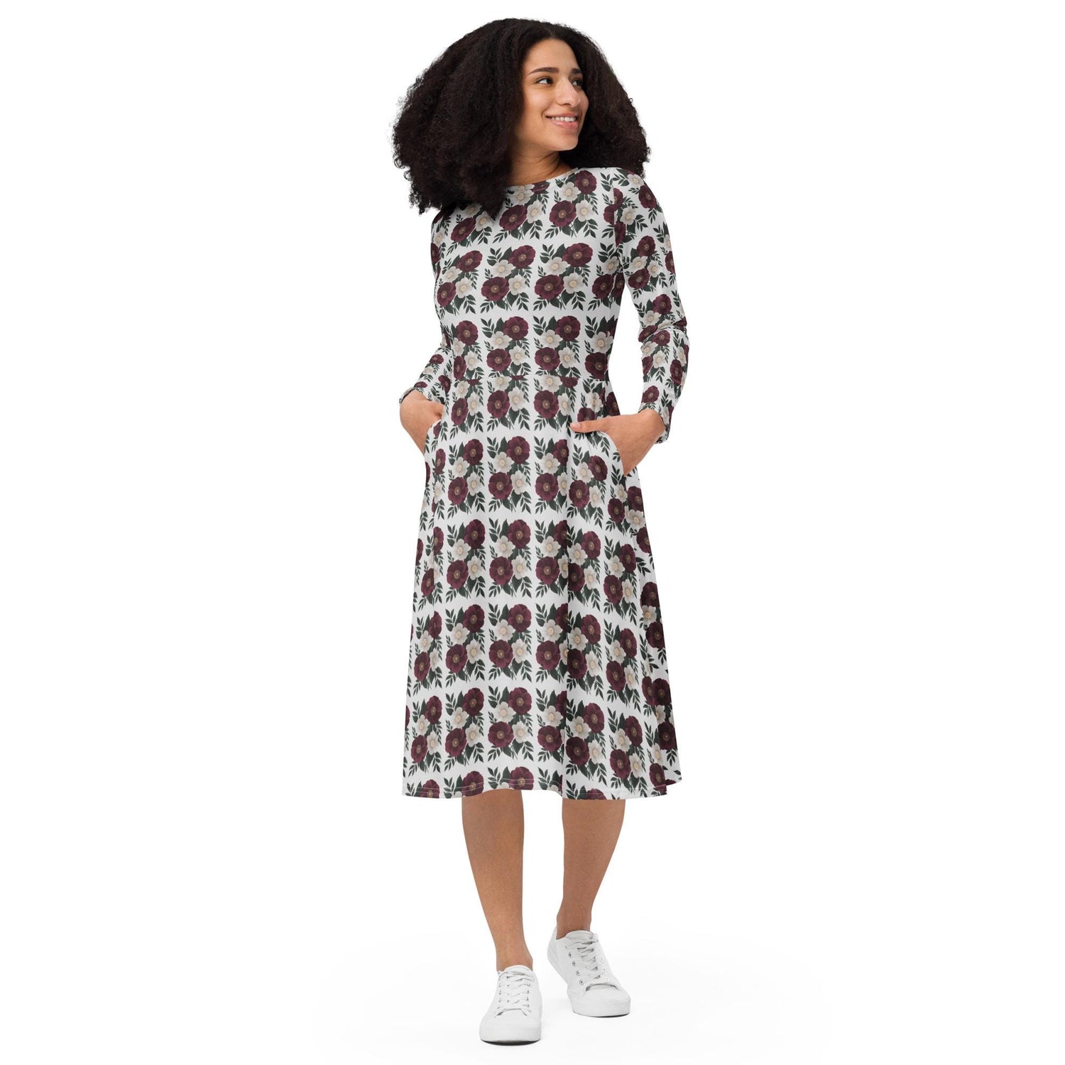 Floral All-Over Print Long Sleeve Midi Dress with Pockets – Feminine Fit & Flared Style