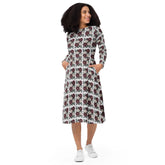 Floral All-Over Print Long Sleeve Midi Dress with Pockets – Feminine Fit & Flared Style