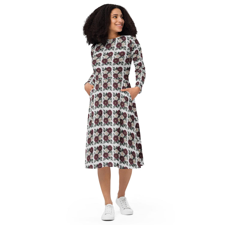 Floral All-Over Print Long Sleeve Midi Dress with Pockets – Feminine Fit & Flared Style