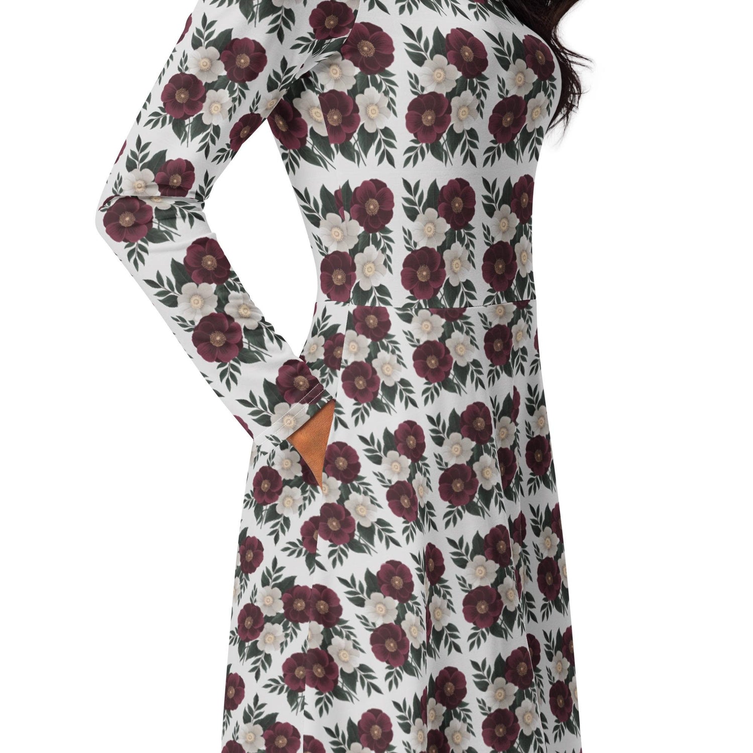 Floral All-Over Print Long Sleeve Midi Dress with Pockets – Feminine Fit & Flared Style