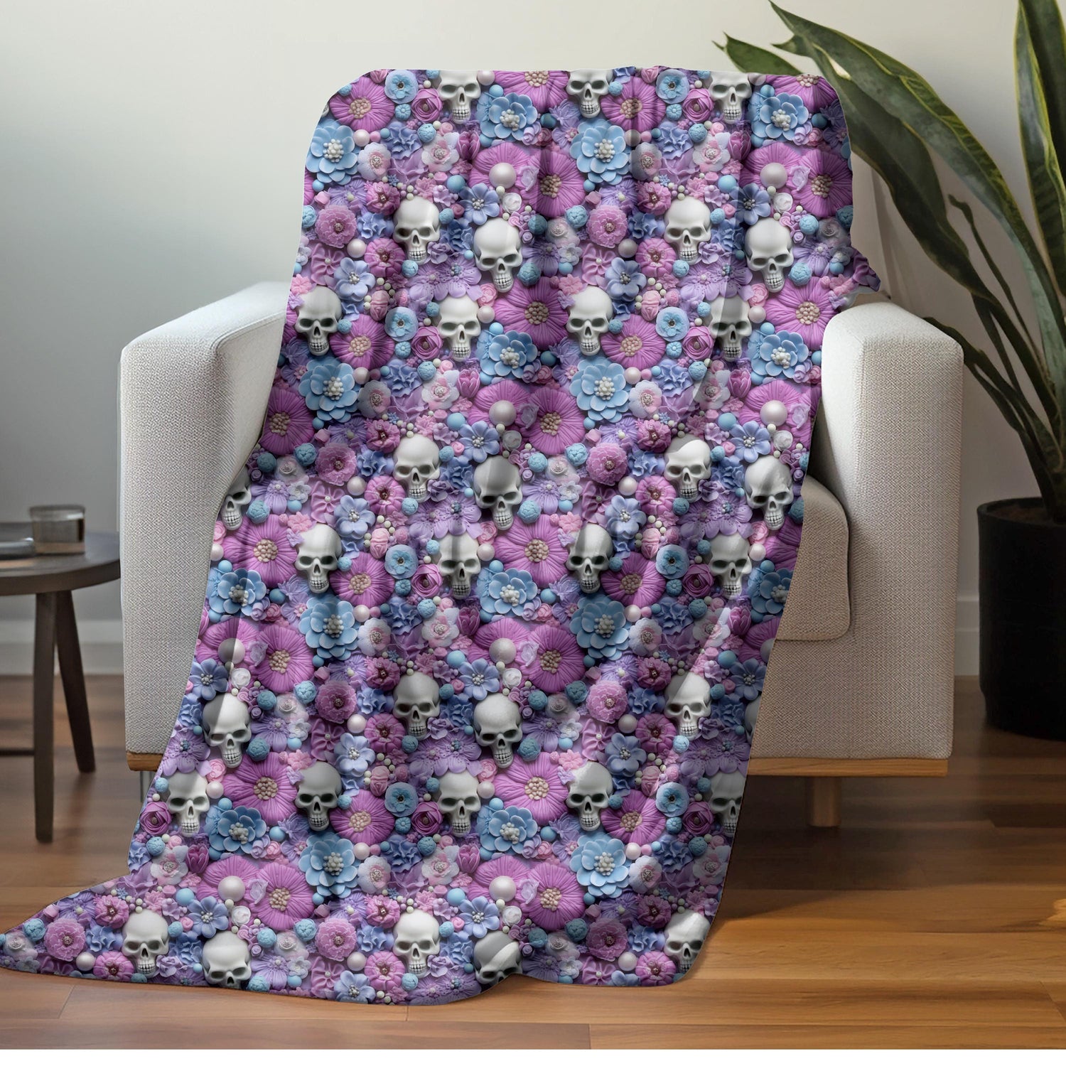 Gothic Plush Blanket, Day of the Dead Sugar Skull Purple Accent Throw, Halloween Home Decor, Velveteen Cozy Blanket