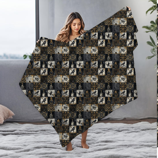 Throw Blanket, Gothic fall halloween skeleton print pattern eye catching fashion look couch bed TV room gathering cozy night cuddle blanket