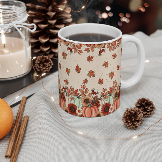 Autumn Leaves & Pumpkins Mug, Cozy Fall Coffee Cup, Thanksgiving Gift, Seasonal Decorations, Harvest Celebration
